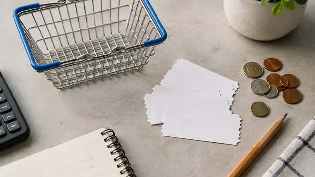 Overhead view of a small shopping basket, blank coupon-shaped slips, coins and a pencil on a neutral tabletop, with no text or logos.