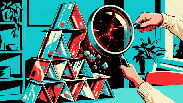 Meme-inspired illustration of a credit-card house of cards examined through a magnifying glass.