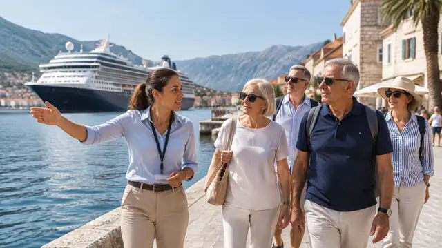 A small guided group walks along a harbor promenade with a cruise ship in the background.