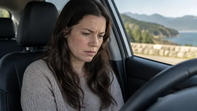 Concerned driver safely parked in a turnout, looking down toward a dashboard outside the frame, with no visible text, logos, brand names or readable screens.
