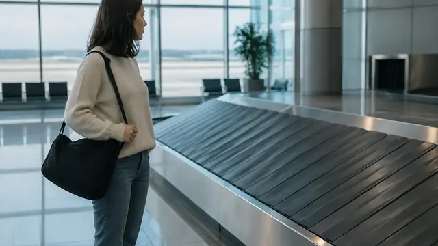 A traveler holding a small personal bag stands beside a nearly empty airport baggage carousel in a quiet, documentary-style airport scene.