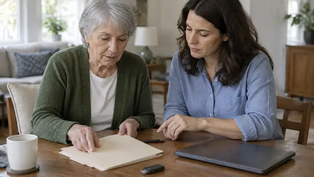 An older adult and an adult family member organize a plain folder, security key and closed laptop at a dining table, with no visible text or readable screens.