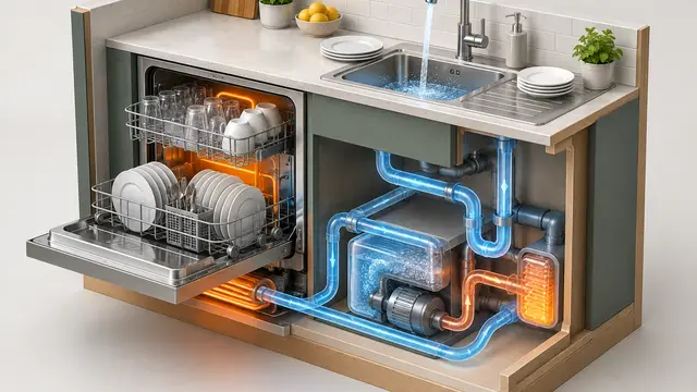 Cutaway miniature kitchen showing an open dishwasher filled with neatly arranged dishes beside a sink with a running faucet and several plates. Translucent blue water paths and warm orange heat accents illustrate resource use against a clean neutral background, without text or logos.