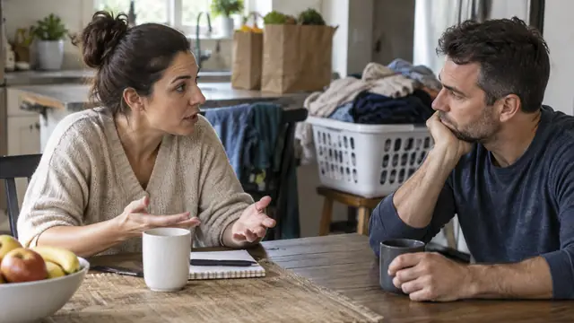 Two adults discuss household responsibilities at a kitchen table, with a laundry basket and grocery bags in the background.