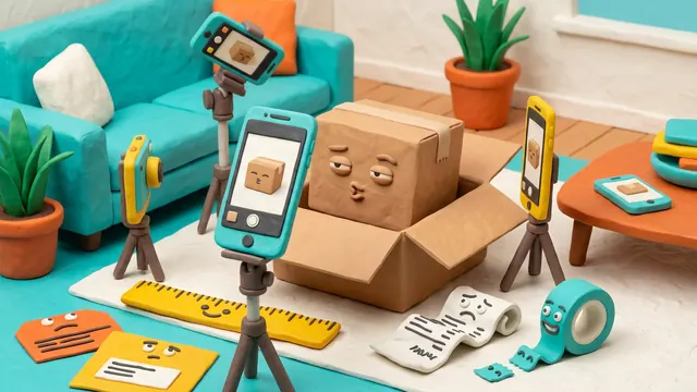 Playful claymation scene of a return parcel being photographed beside a ruler, receipt and tape.