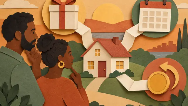 Layered paper-cut scene of a Black couple examining a small house, with folded pathways connecting a gift box, blank calendar and returning coin; warm colors, no text, numbers or logos.