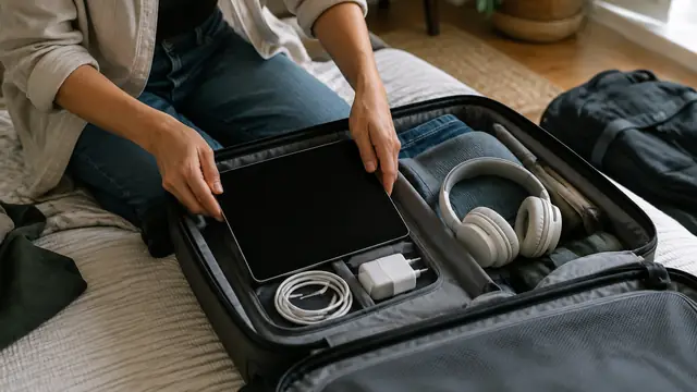 A traveler packs a tablet with its screen off, headphones and a charging cable into a carry-on bag.