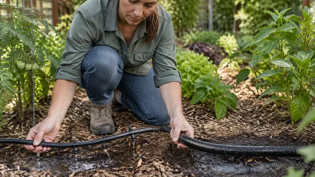 A gardener compares a drip emitter line and a porous soaker hose beside vegetable plants, with moist soil visible beneath mulch.