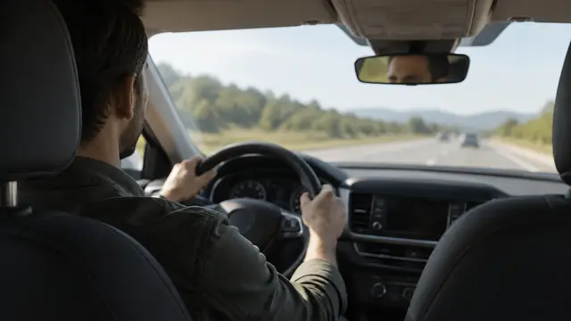Rear-seat view of an attentive adult driver holding the wheel with both hands on a clear daytime road, with blurred instruments and no visible branding.