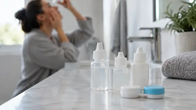 Several plain eye-drop containers and a closed contact lens case sit on a clean bathroom counter, with an adult softly out of focus in the background.