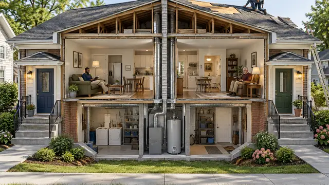 Detailed architectural cutaway of a modest duplex showing a Black male owner in one unit, an older tenant in the other, separate entrances, shared utilities, and roof damage under repair, without text or logos.