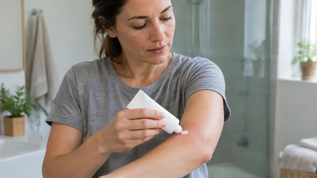 An adult applies cream from a plain tube to a mildly irritated patch on the forearm in a simple bathroom.