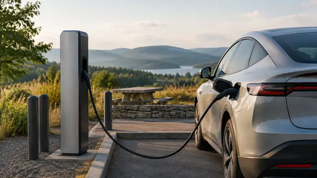 An unbranded electric car connected to a plain charging pedestal at a rural rest stop, with hills in the distance and no visible text, logos or readable screens.