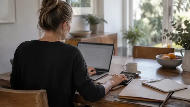 A self-employed adult works at a dining table with a calculator, a laptop facing away from the camera, and plain folders nearby.