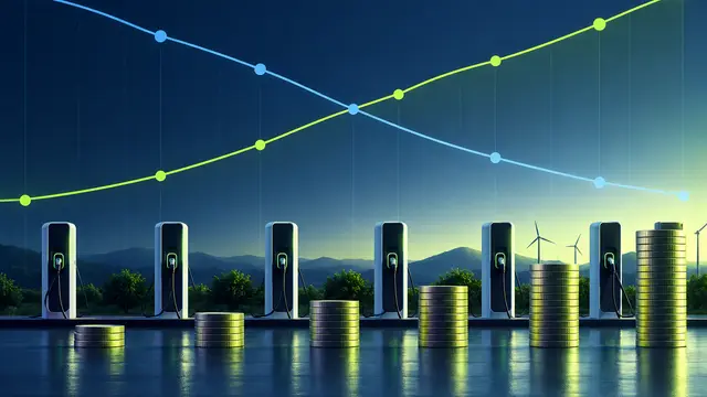 Abstract editorial data visualization showing two contrasting curves crossing above electric charging pedestals and coin stacks of varying heights, in navy and lime, without text or logos.