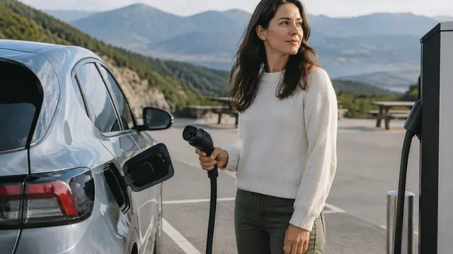 Traveler holding a plain charging connector beside an unbranded electric car at a highway rest stop, with distant hills in soft daylight.