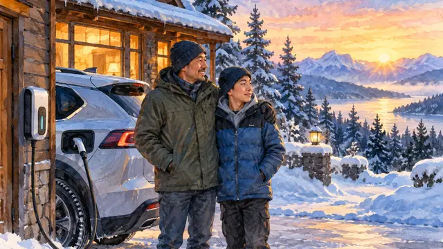 Editorial watercolor of a bundled-up Asian father and teenage son beside an electric car connected to a charger on a snowy driveway at dawn, warm cabin light against blue shadows; no text or logos.