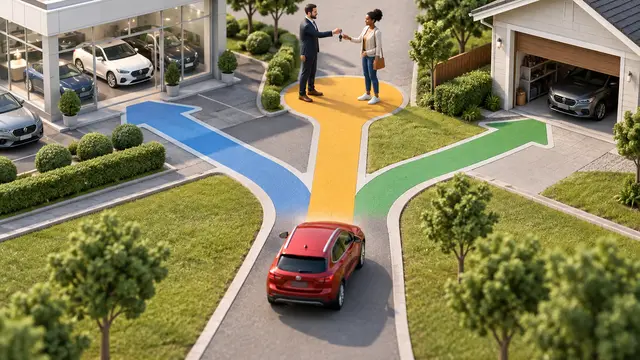 An isometric miniature car at a three-way junction with distinct colored routes leading to a dealership, a handoff between two diverse adults, and a private garage. Realistic miniature shadows; no text, words or logos.
