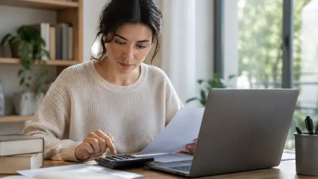 A person checks work with a calculator beside an open laptop and plain-cover reference books, with the screen facing away and no visible text or logos.