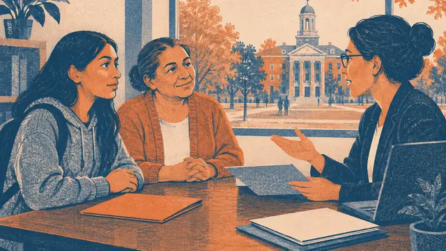 A first-generation college student and an older parent meet a financial aid adviser across a desk with plain folders. A campus building appears through the window, rendered in two-color risograph texture without text or logos.