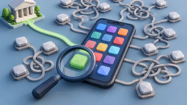 A low-poly smartphone surrounded by similar generic app tiles, one linked by a clear path to a simple source building and others entering tangled loops, with a foreground magnifying glass and no recognizable branding or text.