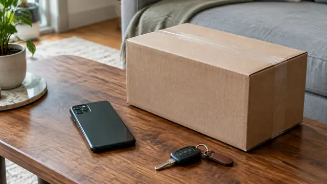 A smartphone lies face down beside an unmarked delivery box and car keys, with no visible text, logos, brand names or readable screens.