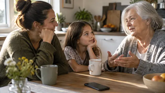 Three generations talk around a kitchen table with a phone face down, lit by warm natural light, with no visible text, logos, or readable screens.