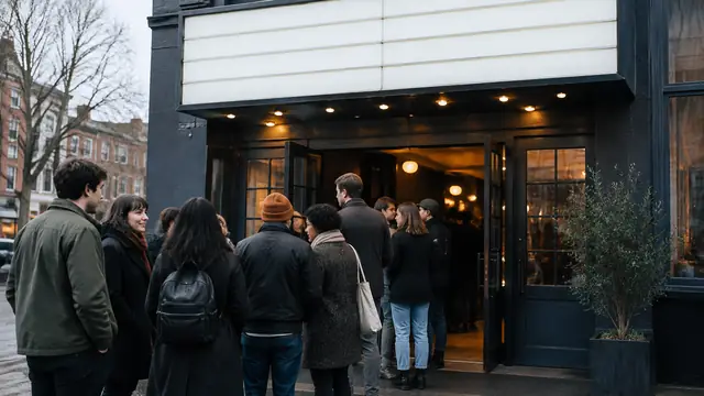 A small crowd waits outside an independent cinema on an overcast afternoon beneath a blank marquee beside an unmarked entrance.