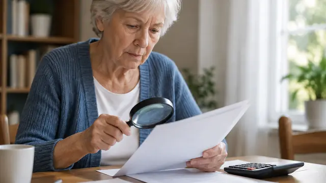 An older adult examines paperwork with a magnifying glass, pages turned away, with a calculator nearby and no visible text, logos or readable screens.