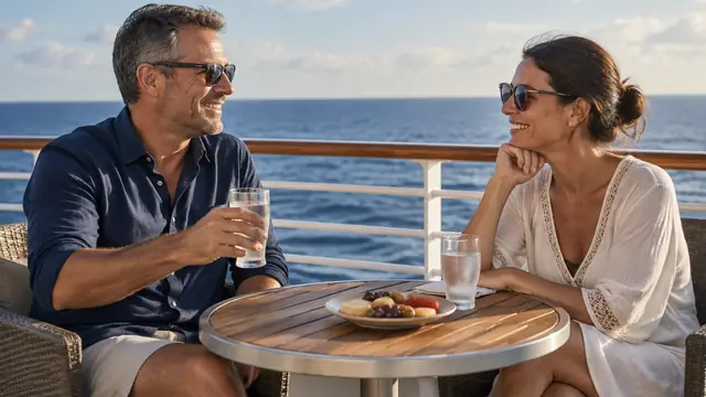 Two travelers seated on an open cruise ship deck with water glasses and a small plate of food, with the ocean horizon behind them.