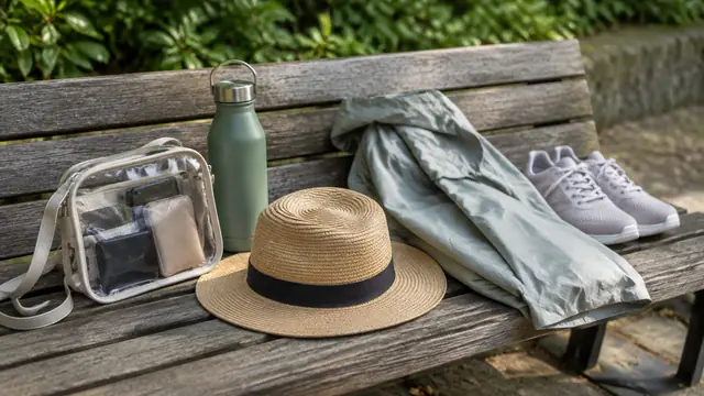 A small clear bag, refillable water bottle, sun hat, plain rain poncho and comfortable shoes arranged on a bench.