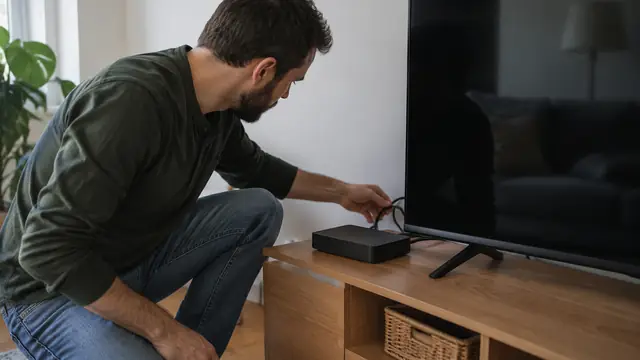 A person checks a cable behind a streaming device beside a television with its screen off in an ordinary apartment.