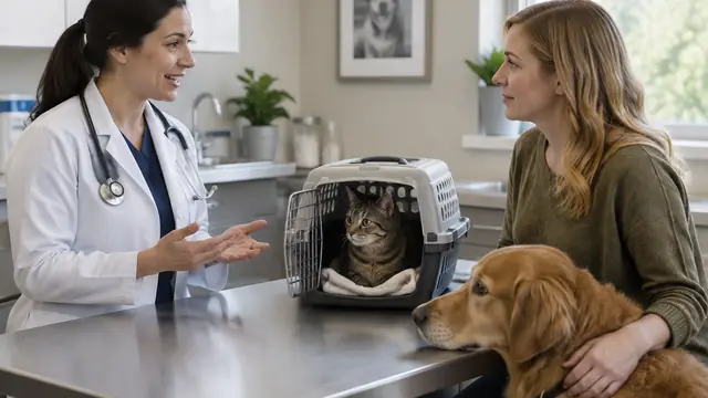 A veterinarian talks with an owner in an exam room while a cat sits in an open carrier and a dog rests nearby.