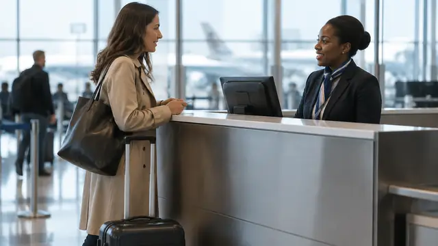 A traveler with a rolling suitcase speaks with an airline service agent at an unmarked airport counter in natural terminal light.