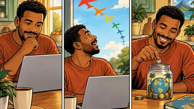 Three-panel comic of a Black man at his kitchen table checking a laptop, spotting descending colorful airplane silhouettes, then adding recovered coins to a travel jar; expressive faces, warm colors, blank screens, no text or logos.