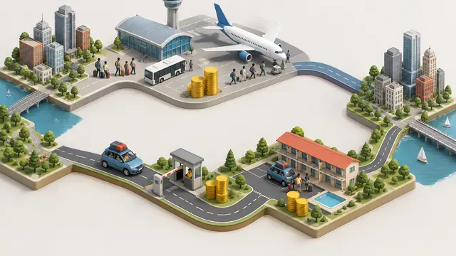 Isometric diorama linking two miniature cities by airplane and shuttle or family car, tollbooth and motel, with unmarked coin stacks, travelers with varied skin tones, a neutral background and no text or logos.