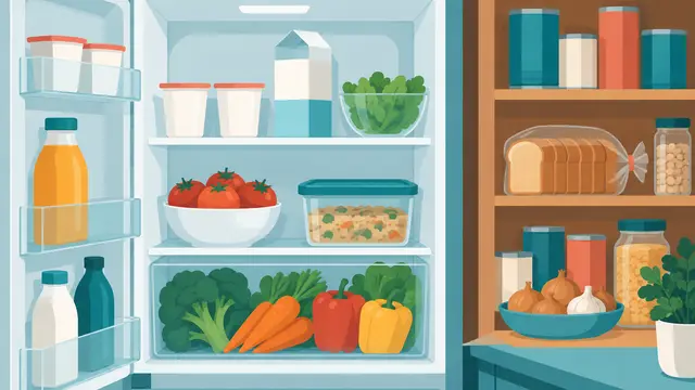 Open refrigerator with separated unopened yogurt, opened milk, produce and covered leftovers; adjacent pantry with cans and bread. Geometric teal-and-coral illustration; blank packaging, no text, numbers or logos.