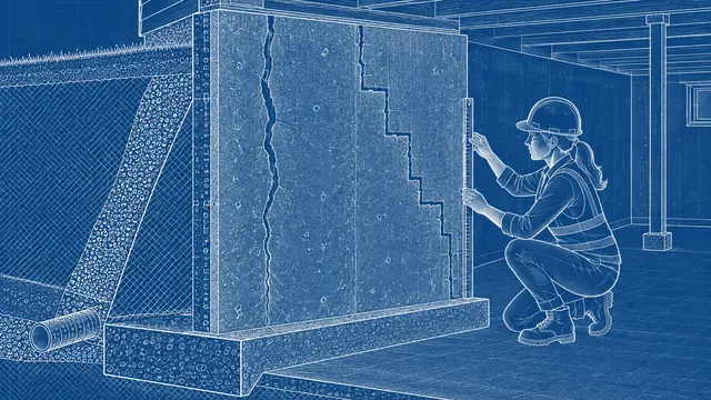Architectural blueprint-style foundation wall cutaway showing contrasting vertical and stair-step cracks, with a female engineer using a measuring tool beside it. Precise white linework on deep blue, without annotations, text, numbers or logos.