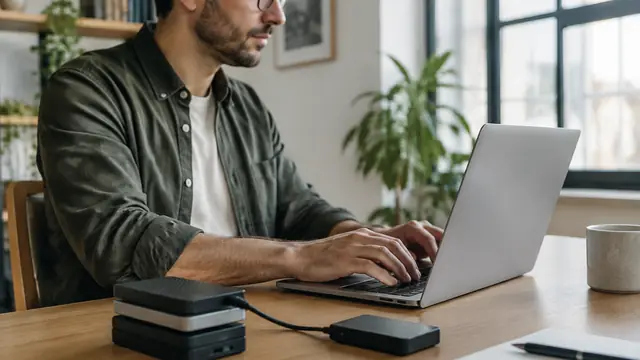 A person working at a laptop beside neatly organized external drives, with the screen angled out of view and no visible text or logos.