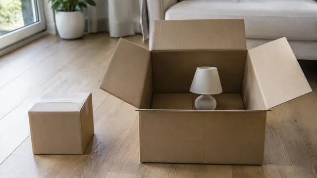 A small plain shipping box beside an oversized box containing one small household item, with no visible text or branding.