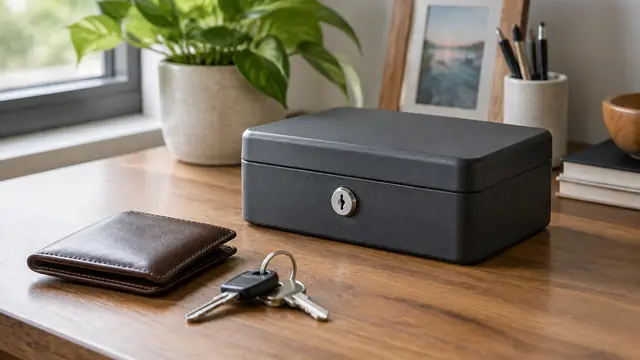 A small locked document box beside a wallet and house keys on a home desk, with no visible text, logos or readable screens.
