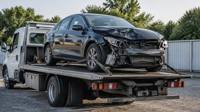 An unbranded damaged car secured on a flatbed tow truck in a quiet storage yard, with no people, visible text or logos.