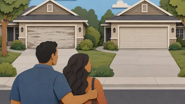 Layered paper-cut suburban homes, identical except for a weathered garage door versus a clean, understated replacement. A Latino couple views them from the sidewalk amid dimensional shadows and restrained colors; no text, numbers, or logos.