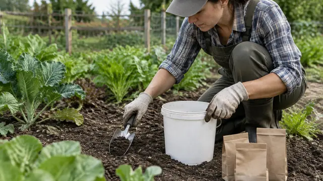 Gardener collecting small soil samples from several spots in a vegetable bed into a clean bucket, with plain sample bags nearby.