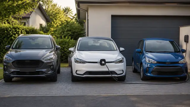 Three unbranded everyday passenger cars parked side by side in a residential setting, with one connected to a plain home charging cable.