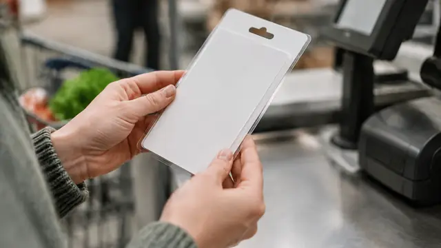 Hands checking the sealed edges of a completely blank gift card package at a checkout counter, with no visible text, logos, brand names or readable screens.