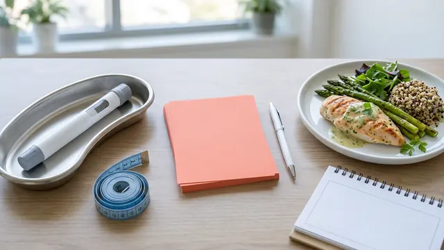 Clinical still life of a generic injection pen, question cards, calendar, measuring tape and balanced meal.
