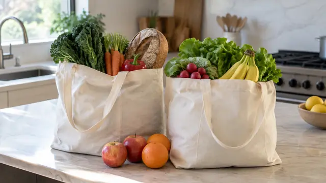 Matching selections of unpackaged groceries arranged in two plain reusable bags on a kitchen island.