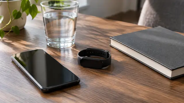 A smartphone with a dark screen beside a fitness band, a glass of water and a closed notebook, with no visible text or logos.