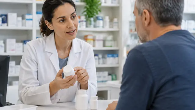A pharmacist discusses plain medication containers with an adult at a pharmacy consultation counter, with no visible branding or readable screens.